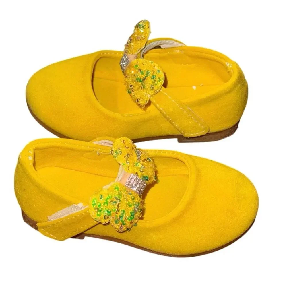Neon Yellow Toddler Mary Jane Shoes Sequin Bow Girls Size 9C EU 26 Flats